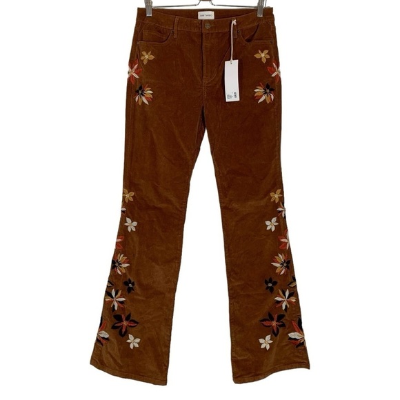 NEW Driftwood Wyatt Floral Embroidered Corduroy Flare Leg Pants Brown Size 30 - Picture 1 of 9